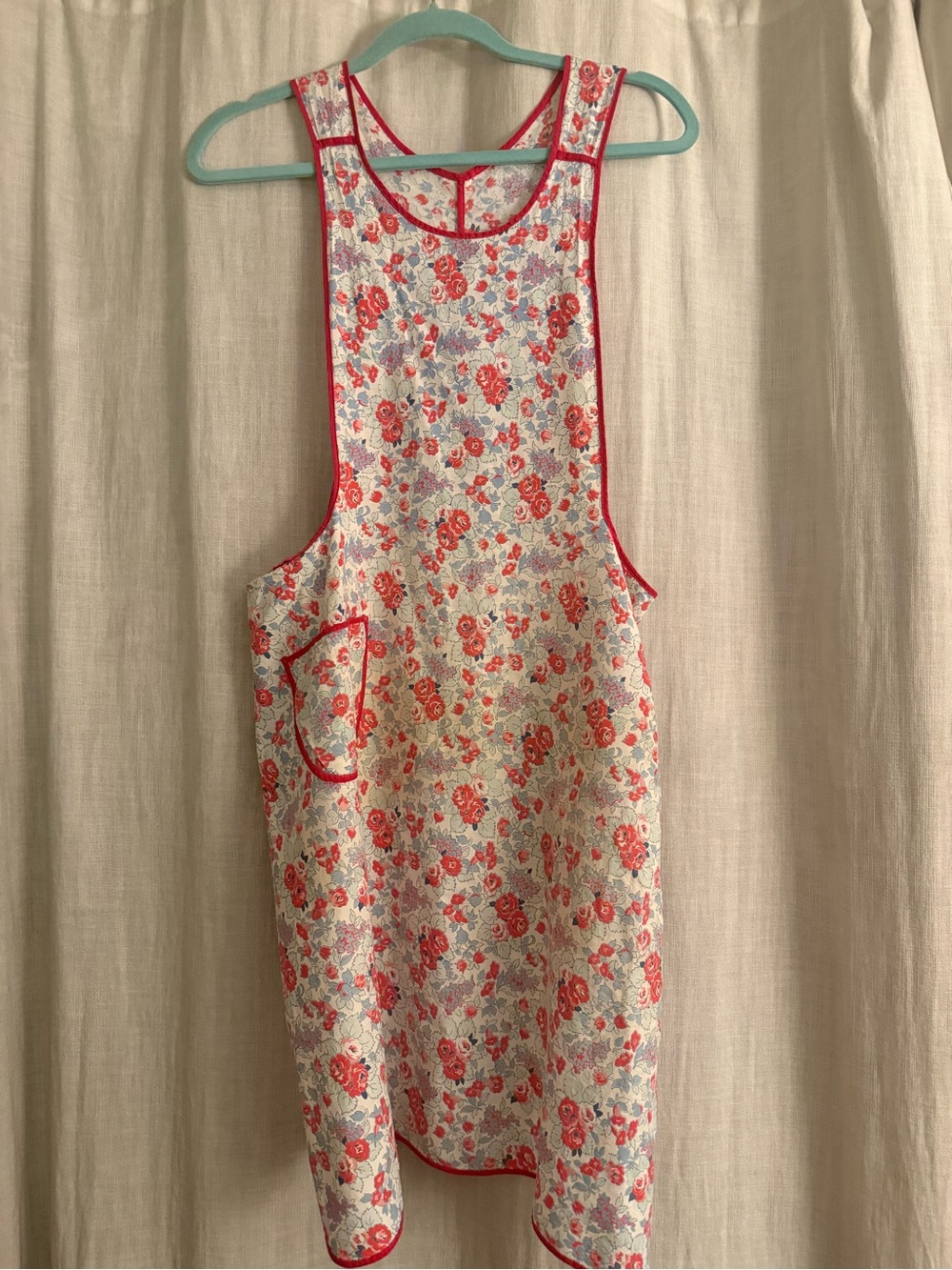 Early 1900’s Floral Cotton Pinafore Apron  with Red Piping
